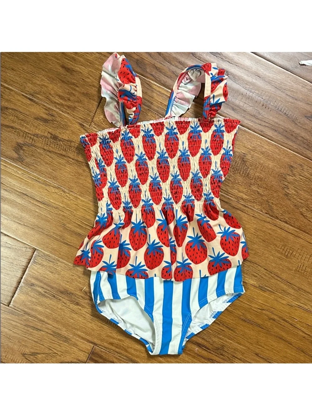 Hanna Andersson Red and Blue Strawberry Smocked One-Piece Bikini